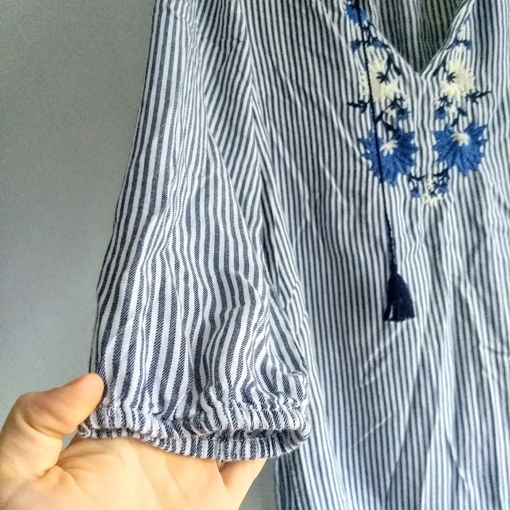 Old Navy Blue Striped Embroidered Floral Tassle - Picture 4 of 8